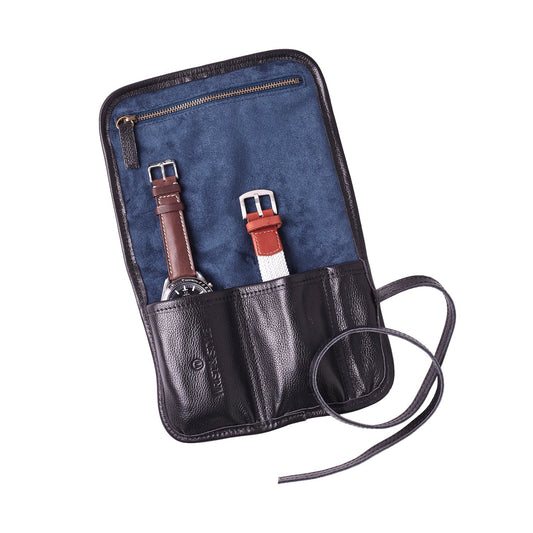 W&S black leather and blue canvas 2-slot watch roll