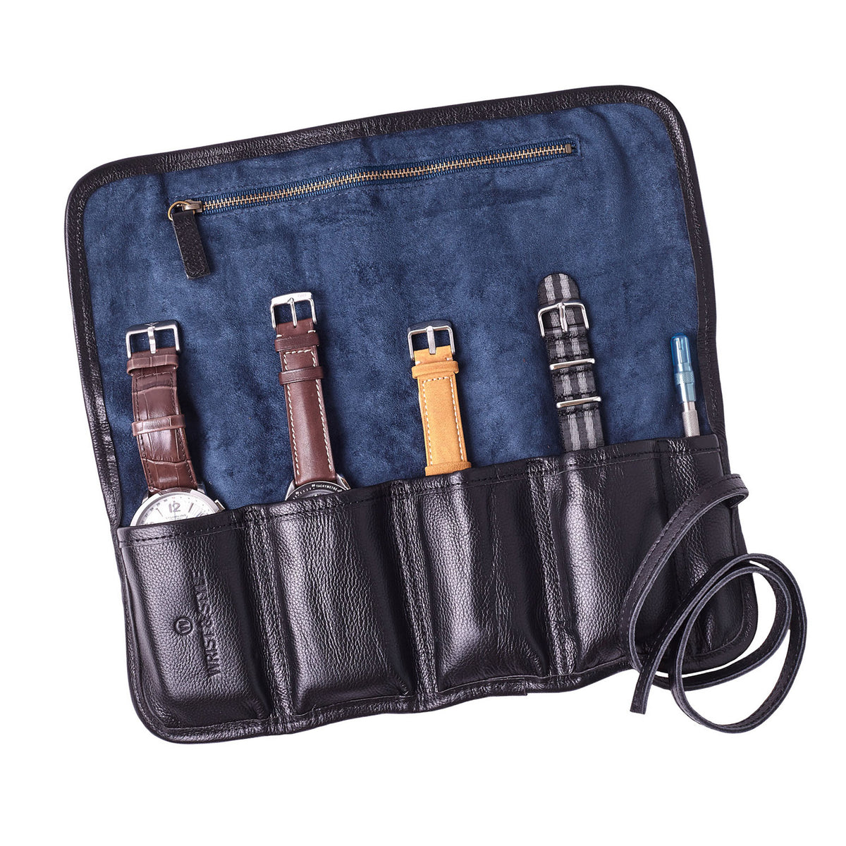 W&S Watch Roll - Black Leather | Blue Canvas - 4 Slot - Wrist & Style