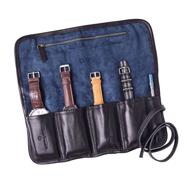 W&S Watch Roll - Black Leather | Blue Canvas - 4 Slot - Wrist & Style