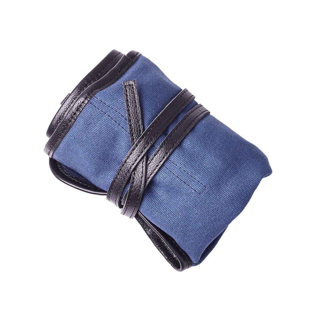 W&S Watch Roll - Black Leather | Blue Canvas - 4 Slot - Wrist & Style