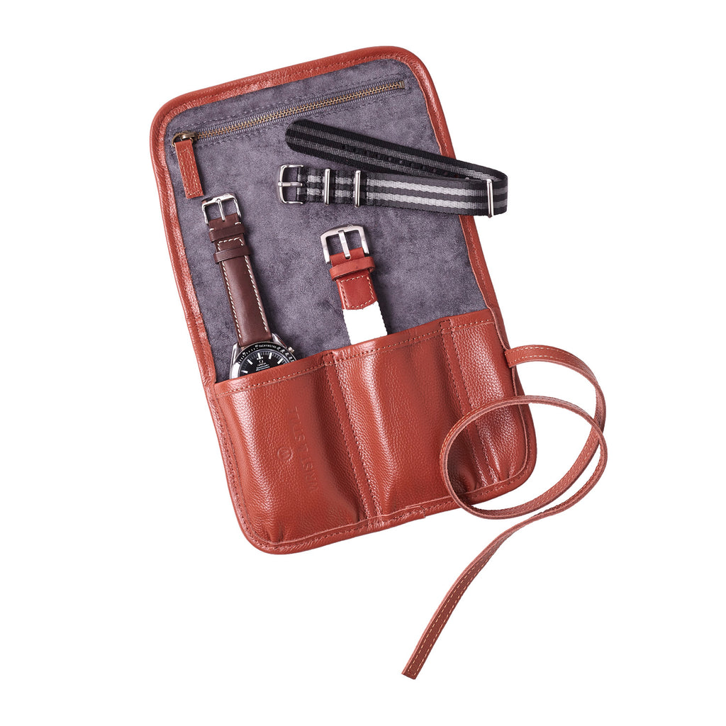 W&S Watch Roll - Brown Leather | Grey Wool - 2 Slot - Wrist & Style