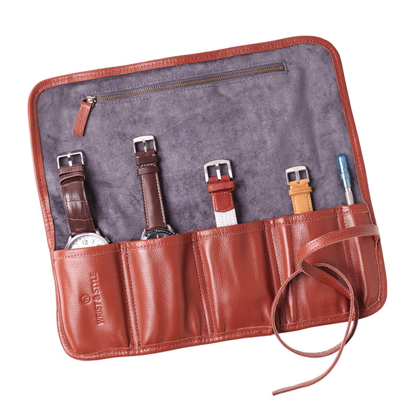 W&S Watch Roll - Brown Leather | Grey Wool - 4 Slot - Wrist & Style