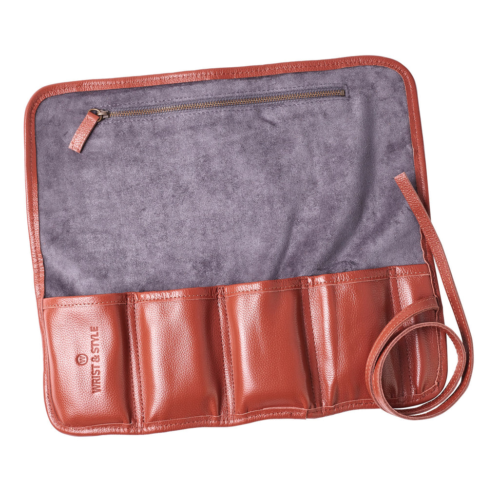 W&S Watch Roll - Brown Leather | Grey Wool - 4 Slot - Wrist & Style