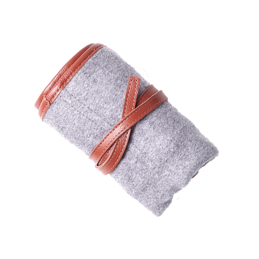 W&S Watch Roll - Brown Leather | Grey Wool - 4 Slot - Wrist & Style